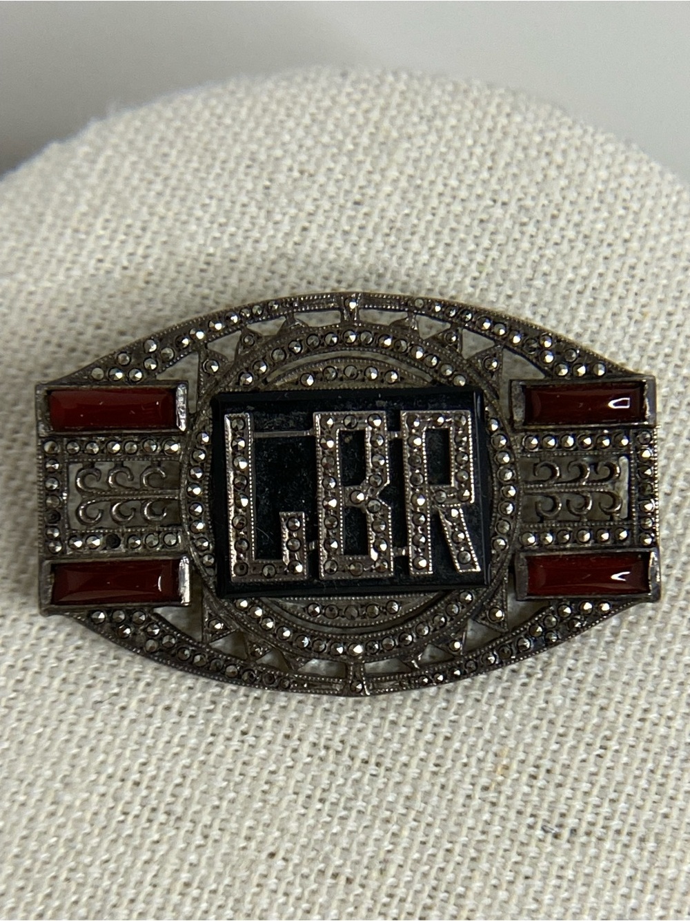 Vtg Ciner Sterling Silver Marcasite Monogram 1930s Brooch Art Deco Red Carnelian